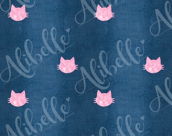 May include: A seamless pattern featuring pink glitter cat faces on a blue denim background.