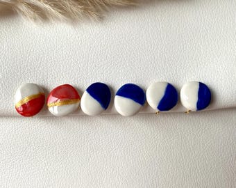 Handmade Clay Clip On Earrings: Red, Blue, White & Gold