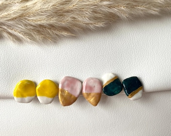 Handmade Clay Clip On Earrings: Dark Green, Gold, Pink, Yellow