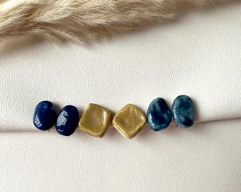 Handmade Clay Ear Clips: Blue or Gray-Green, Elegant Non-Pierced Earrings