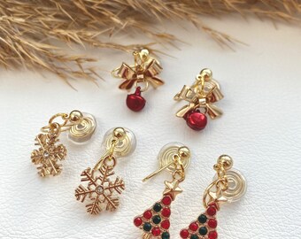 3 Paar Ohrclips Weihnachten, Tannenbaum, Schneeflocken und Schleife ,Ohrringe für ohne Ohrringe-Loch, elegant und handgefertigt #104