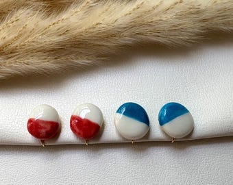 Ohrclips aus Ton weiß und rot oder blau, Ohrringe für ohne Ohrringe-Loch, elegant und handgefertigt, handmade, slow fashion #19