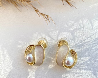 Ohrclips Muschel und Perlen aus Kunststoff,Ohrringe für ohne Ohrringe-Loch, elegant und handgefertigt, handgefertigt #159