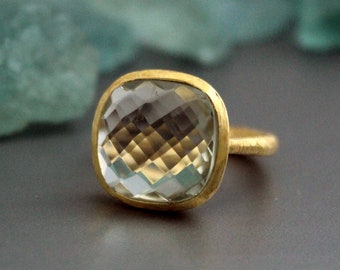 Anillo de piedra preciosa de cuarzo transparente, anillo de mujer, regalo, oro de anillo de cuarzo de cristal, anillo de plata de ley sólida 925, relleno de oro de 18 quilates, anillo hecho a mano