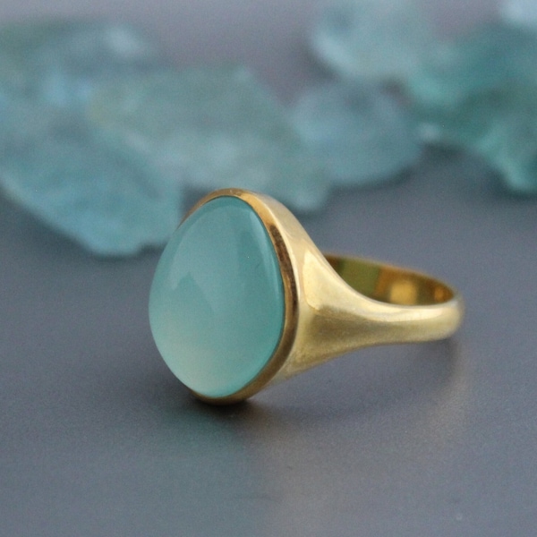 Aqua Chalcedony Gold Ring, Designer Silver Ring,  March Birthstone, Bridesmaid Jewelry, Solitaire Ring, Bridal Jewelry, Proposal Ring