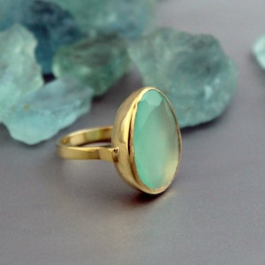 Aqua Chalcedony Ring, 18k Gold Ring, Dainty Silver Ring, Natural Gemstone Jewelry, Handmade Jewelry, Sagittarius Birthstone Jewelry, Gifts