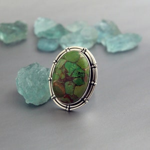 Green Turquoise ring, Dainty Silver ring, Copper turquoise Jewelry, large gemstone ring, Birthstone Jewelry for Grandma, Gift for Wife