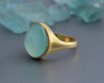Aqua Chalcedony Gold Ring, Designer Silver Ring,  March Birthstone, Bridesmaid Jewelry, Solitaire Ring, Bridal Jewelry, Proposal Ring