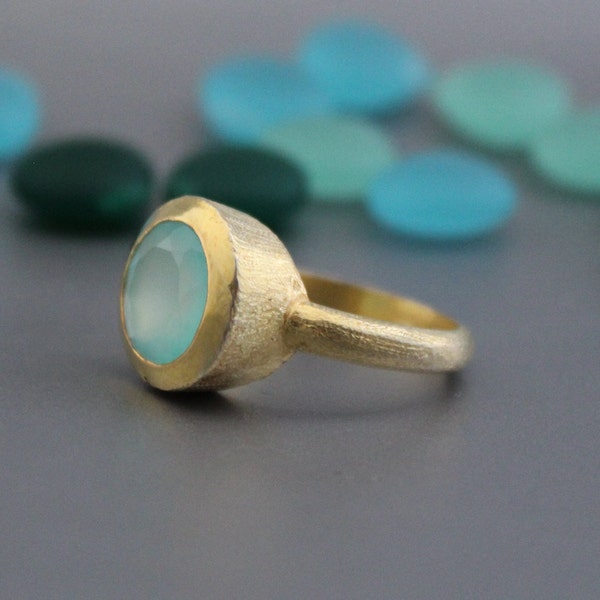 Aqua Chalcedony Ring, 14K Gold Plated Ring, Textred Silver Ring, March Birthstone, Silver stacking ring, Handmade Jewelry, Halloween jewelry