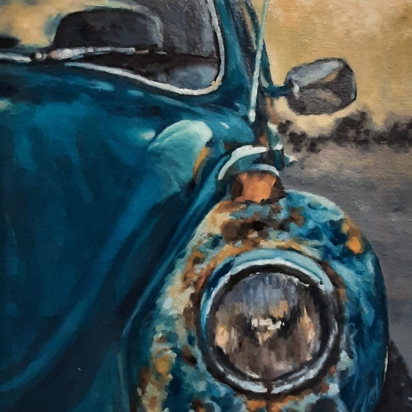 Blauwe Volkswagen Beetle, Olieverfschilderij, Auto Kunst, Klassieke Volkwagen, Retro, Decor aan de muur Glicee Print, Uniek cadeau