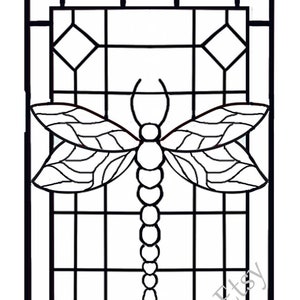 May include: Black and white line art stained glass pattern featuring two dragonflies with segmented bodies and wings. The pattern is set within a grid of squares and diamonds.