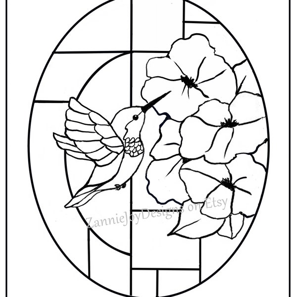 Stained Glass Hummingbird Pattern, Instant Download, Original Line Drawing, Coloring Page, Hummingbird Line Art