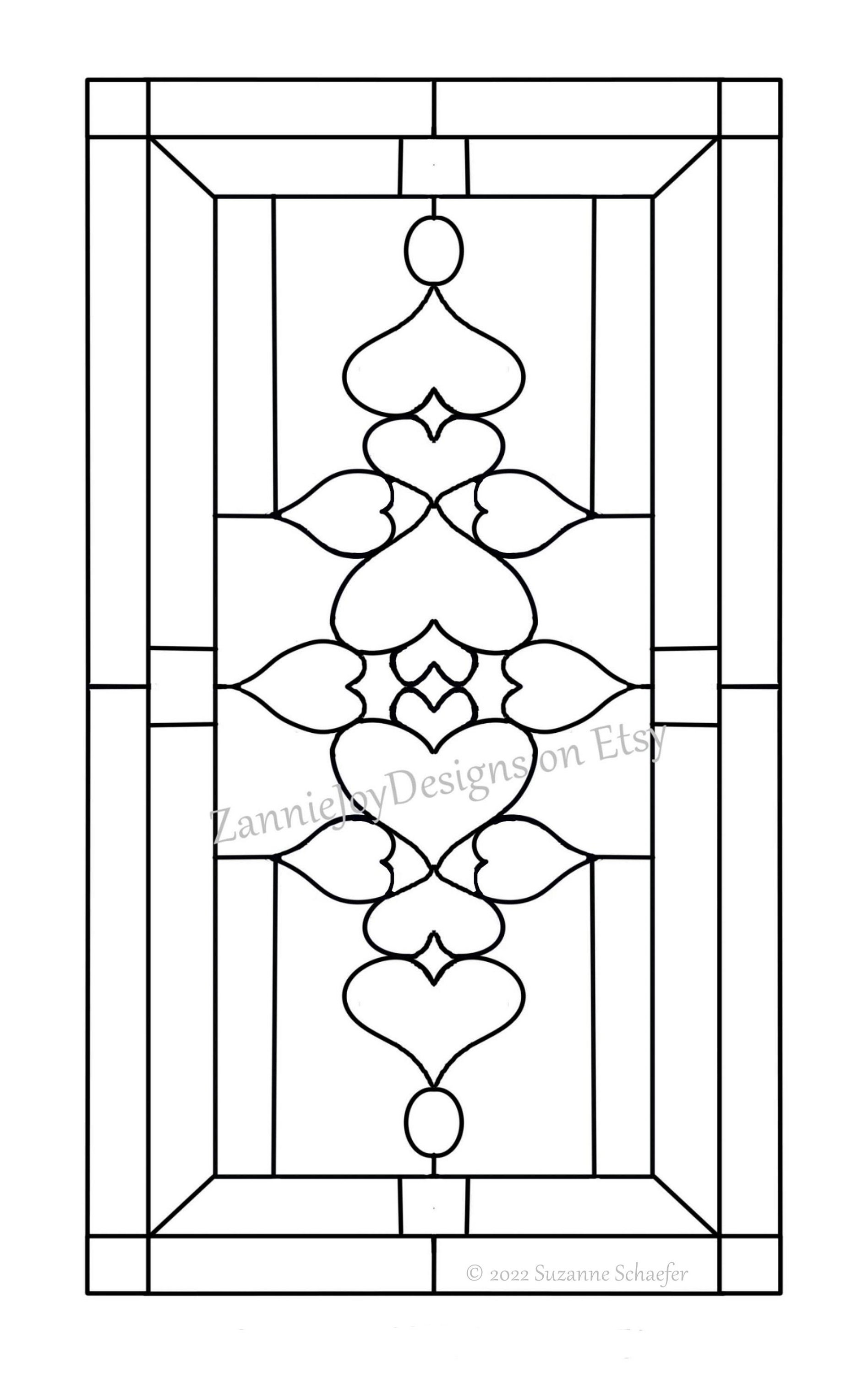 Stained Glass Hearts Pattern, Instant Download, Oblong Heart Print