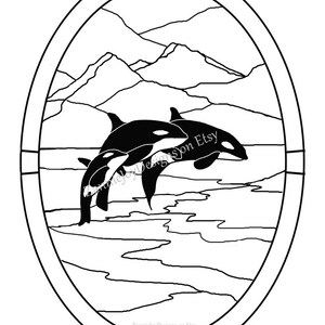 Stained Glass Orca Pattern, Oval Orca Design, Coloring Page, Instant Download, Killer Whales
