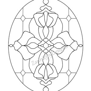 May include: Black and white line art design of a stained glass window with a floral pattern. The design is in the shape of an oval and features a repeating pattern of flowers and leaves. The text "Zannie by Designs" is visible in the center of the design. The text "© 2022 Suzanne Schaefer" is visible at the bottom of the design.