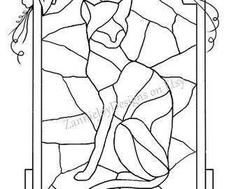 Stained Glass Cat Pattern, Printable Pattern, Coloring Page, Feline Art