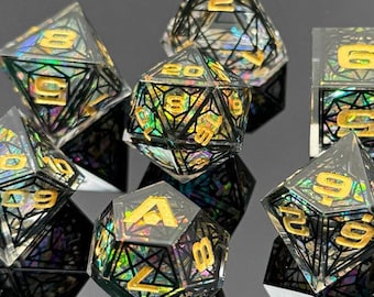 Grand Cathedral Dice –  7-Piece Sharp Edged Resin Dice – Inspired by Gothic Stained Glass
