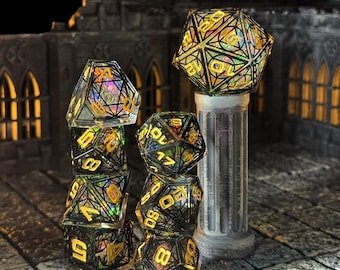 Grand Cathedral Dice –  7-Piece Sharp Edged Resin Dice – Inspired by Gothic Stained Glass