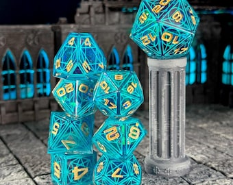 Leyspire Cathedral Dice –  7-Piece Sharp Edged Resin Dice – Inspired by Gothic Stained Glass