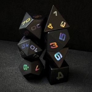 May include: A stack of black dice with iridescent numbers. The dice are numbered 1, 2, 3, 4, 5, 6, 7, 9, and 10.