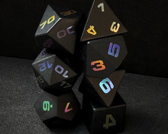 Matte Black Obsidian Dice with Raised Holographic Numbering, 7-Piece Glass Polyhedral DnD Dice Set