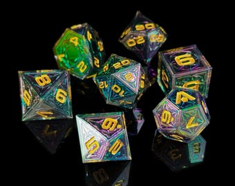 Fallen Cathedral Dice –  7-Piece Sharp Edged Resin Dice – Inspired by Gothic Stained Glass
