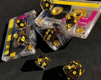 Mixtape Dice, Cassette Tape Encased in a 7-Piece Sharp Edged Resin Polyhedral DnD Dice Set