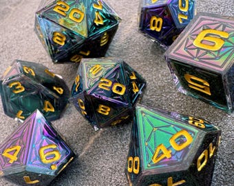 Fallen Cathedral Dice –  7-Piece Sharp Edged Resin Dice – Inspired by Gothic Stained Glass