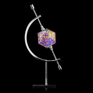 May include: A silver metal stand with a rotating arm holding a purple and iridescent 20-sided die with gold numbers. The die is spinning on the stand.
