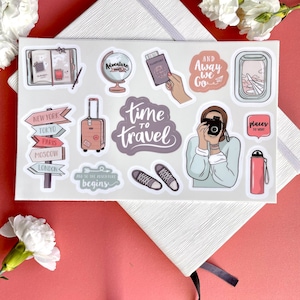 Tijd om te reizen Fotograafthema Moslimmeisje waterdichte stickers voor planners, tijdschriften, laptop en waterfles