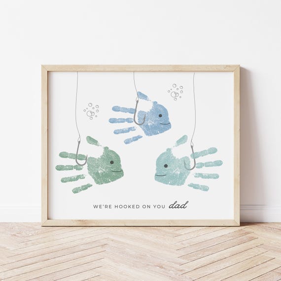 Hooked On Dad Fishing Handprints Art Printable for 3 Kids, Fishing Birthday Gift for Dad, Fathers Day, Three Kid's Fish Handprints Card
