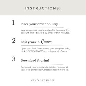 May include: A white and beige graphic with instructions for using a template. The text reads "Place your order on Etsy", "Edit years in Canva", and "Download & print!". The bottom of the graphic says "everyday paper".