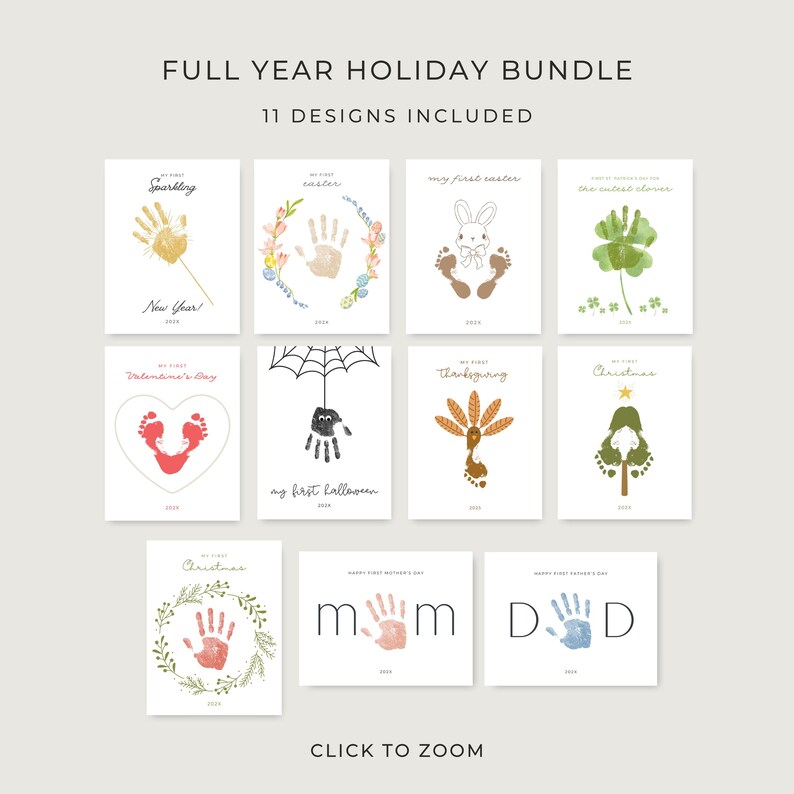 May include: A collection of 11 holiday-themed designs, each featuring handprints or footprints. The designs include themes for New Year, Easter, Valentine's Day, Halloween, Thanksgiving, Christmas, Mother's Day, and Father's Day. The text "FULL YEAR HOLIDAY BUNDLE" is at the top.