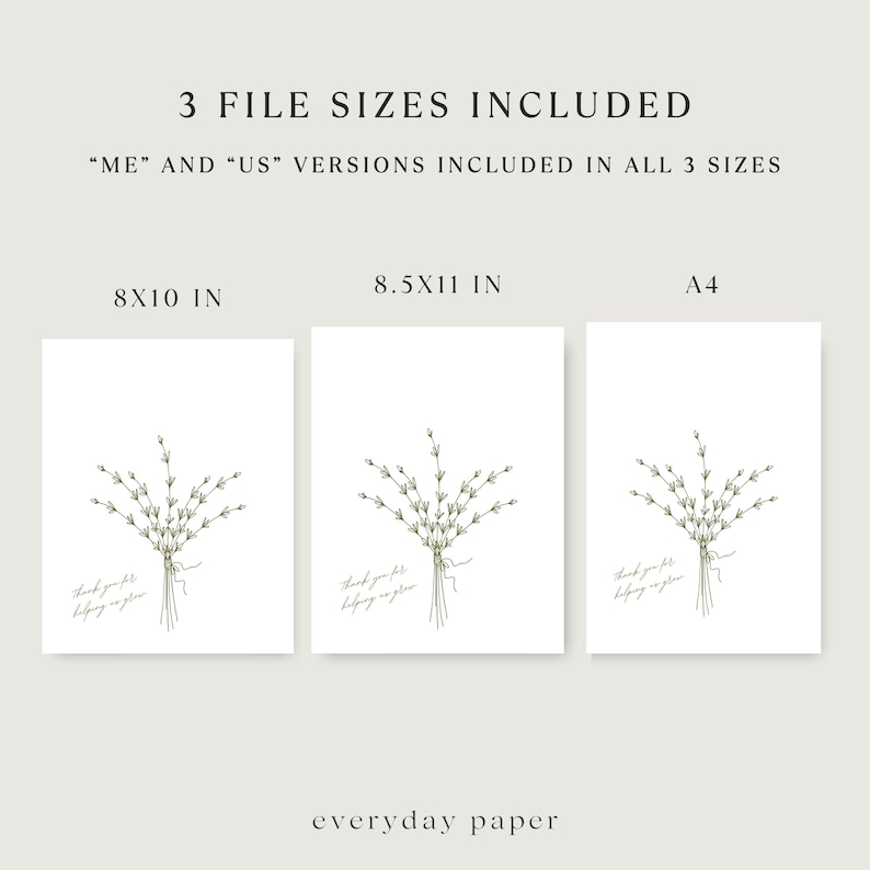 May include: Printable art print featuring a simple line drawing of a bouquet of flowers with the text "Thank you for helping us grow". The print is available in three sizes: 8x10 inches, 8.5x11 inches, and A4.