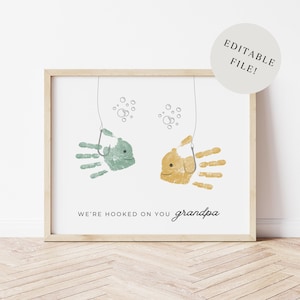 Bewerkbare handafdruk opa vissen afdrukbare kunst voor twee kinderen, opa verjaardagscadeau of Vaderdag, naam opa bewerken, 2 vishandafdrukken