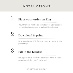 Pu&ograve; includere: Grafica bianca e beige con istruzioni per un ordine Etsy. Il testo recita "Effettua l'ordine su Etsy", "Scarica e stampa" e "Riempi gli spazi vuoti!". Il marchio "everyday paper" &egrave; in basso.
