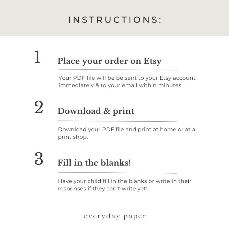Pu&ograve; includere: Grafica bianca e beige con istruzioni per un ordine Etsy. Il testo recita "Effettua l'ordine su Etsy", "Scarica e stampa" e "Riempi gli spazi vuoti!". Il marchio "everyday paper" &egrave; in basso.