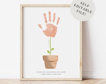 Thank You For Helping Me Grow Editable Flower Handprint Art, End of the Year Teacher Gift, Daycare, Mother's Day Out, Teacher Appreciation