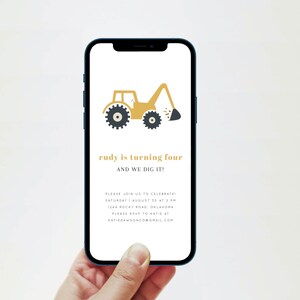 Digitale uitnodiging verjaardagsfeestje tractor tractor | Bewerkbare sjabloon downloaden | Digitale uitnodiging graver | Graafmachineconstructie: