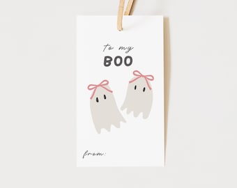 To My Boo Girly Ghost Halloween Treat Tags, Ghosts with Pink Bows, Dance or School Fall Class Party Tags, Preppy Minimal Pink Boo Basket Tag