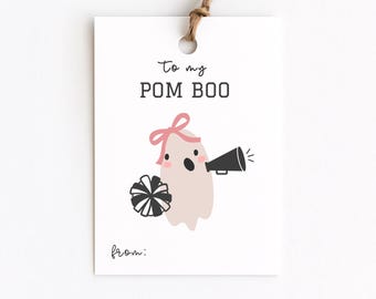 Pom Boo Halloween Gift Tags for Pom Squad Fall Party Favor Bags, Ghost with Pom Pom, Pink Bow and Megaphone, Girly Dance Team Printable Tags