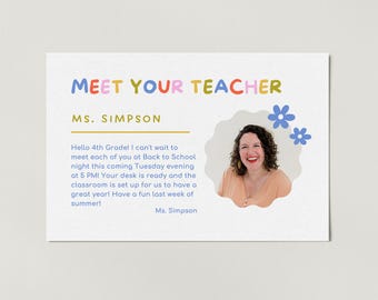 Meet the Teacher Postcard Template, Editable Meet Your Teacher Mailer, Teacher About Me, Elementary, Preschool, Retro Simple Minimal