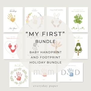 May include: A collection of baby handprint and footprint art prints for various holidays, including New Year, Easter, Valentine's Day, Thanksgiving, Christmas, and Father's Day. Each print features a unique design with the text "MY FIRST" and the year.
