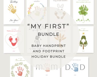My First Year Baby Handprint Art Bundle with Editable Years, Baby's 1st Holidays Seasonal Bundle, Full Year Baby Handprint Craft Pack