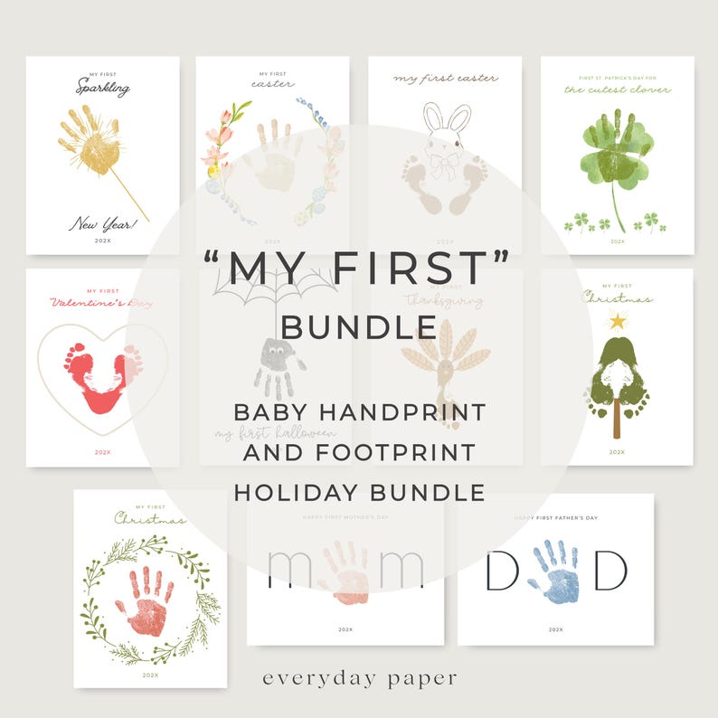 May include: A collection of baby handprint and footprint art prints for various holidays, including New Year, Easter, Valentine's Day, Thanksgiving, Christmas, and Father's Day. Each print features a unique design with the text "MY FIRST" and the year.