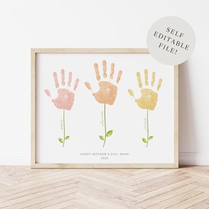 Zelfbewerkbare handafdruk Moederdagbloem afdrukbaar voor drie kindernamen | Gepersonaliseerde 3 handafdrukken | Cadeau voor moeder, oma, vrouw Cadeau