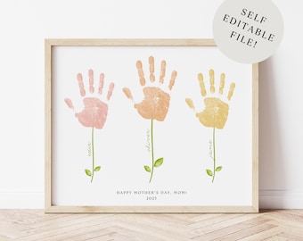 Huella de mano de flores autoeditable imprimible para el Día de la Madre con los nombres de tres niños / 3 huellas de manos personalizadas / Regalo para mamá, abuela, esposa