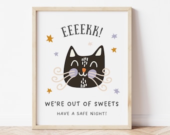 Halloween Out of Candy Sign for Trick or Treaters, Oh Boo We're Out of Sweets Sign, Black Cat Minimal Simple Welcome Sign for Front Porch