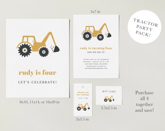 Tractor Birthday Party Bundle | Digger Party Pack | Editable Digital Downloads | Farm Birthday Invite | Construction Birthday Party Pack