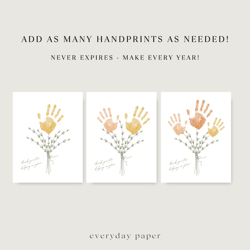 May include: Three printable cards with a handprint flower bouquet design. The cards feature the text "Thank you for helping us grow".